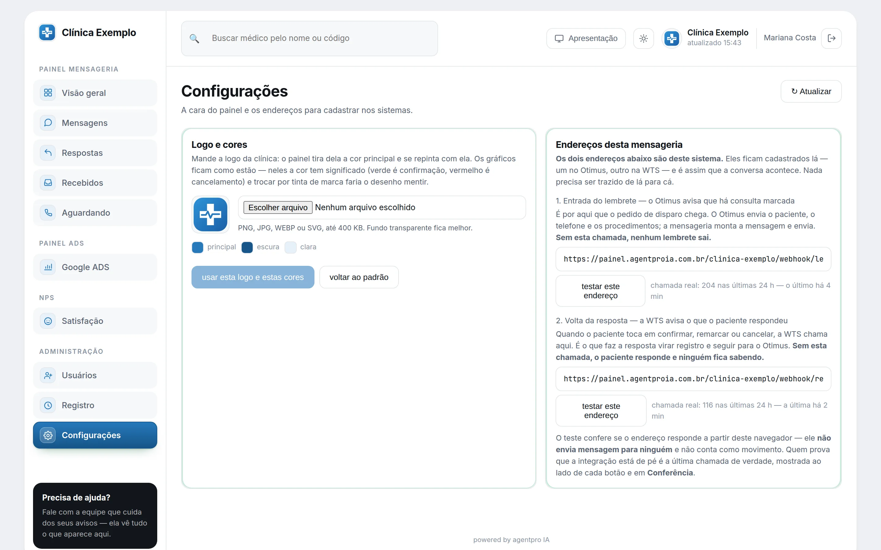 Tela Configurações com a logo e a paleta de cores tirada dela