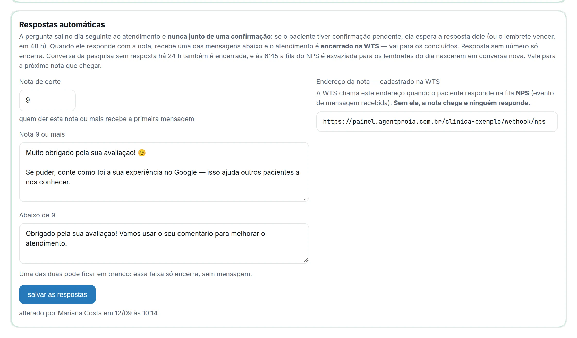 Cartão de respostas automáticas da pesquisa, com a nota de corte e as duas mensagens editáveis